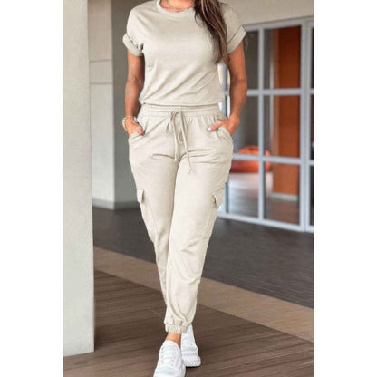One Piece Solid Round Neck Shirt Drawstring Jumpsuit