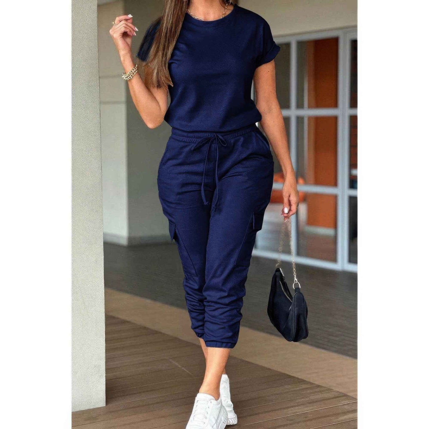 One Piece Solid Round Neck Shirt Drawstring Jumpsuit