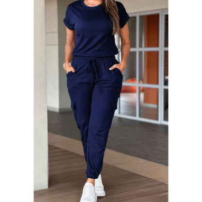 One Piece Solid Round Neck Shirt Drawstring Jumpsuit