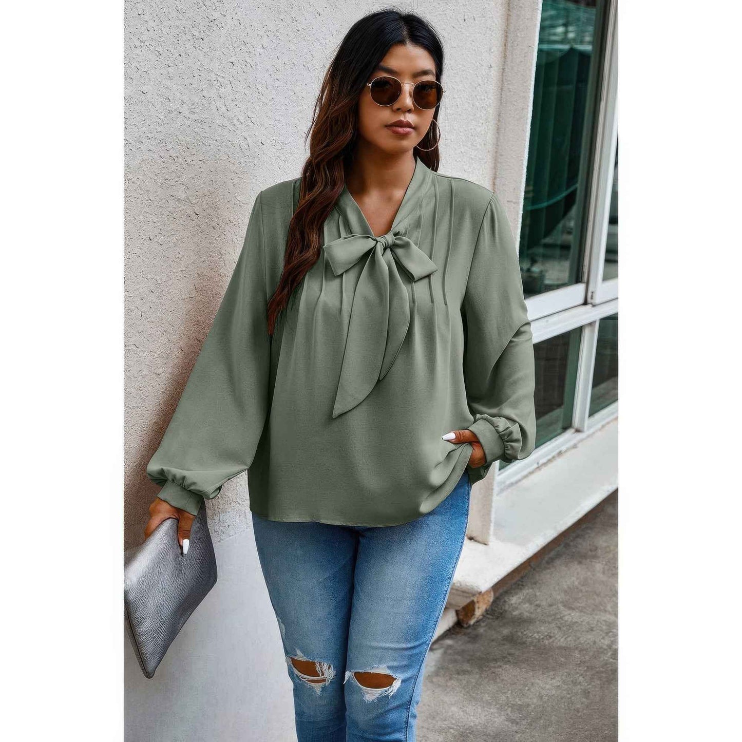 Plus Size Solid Ruched Knot Loose Fit Top