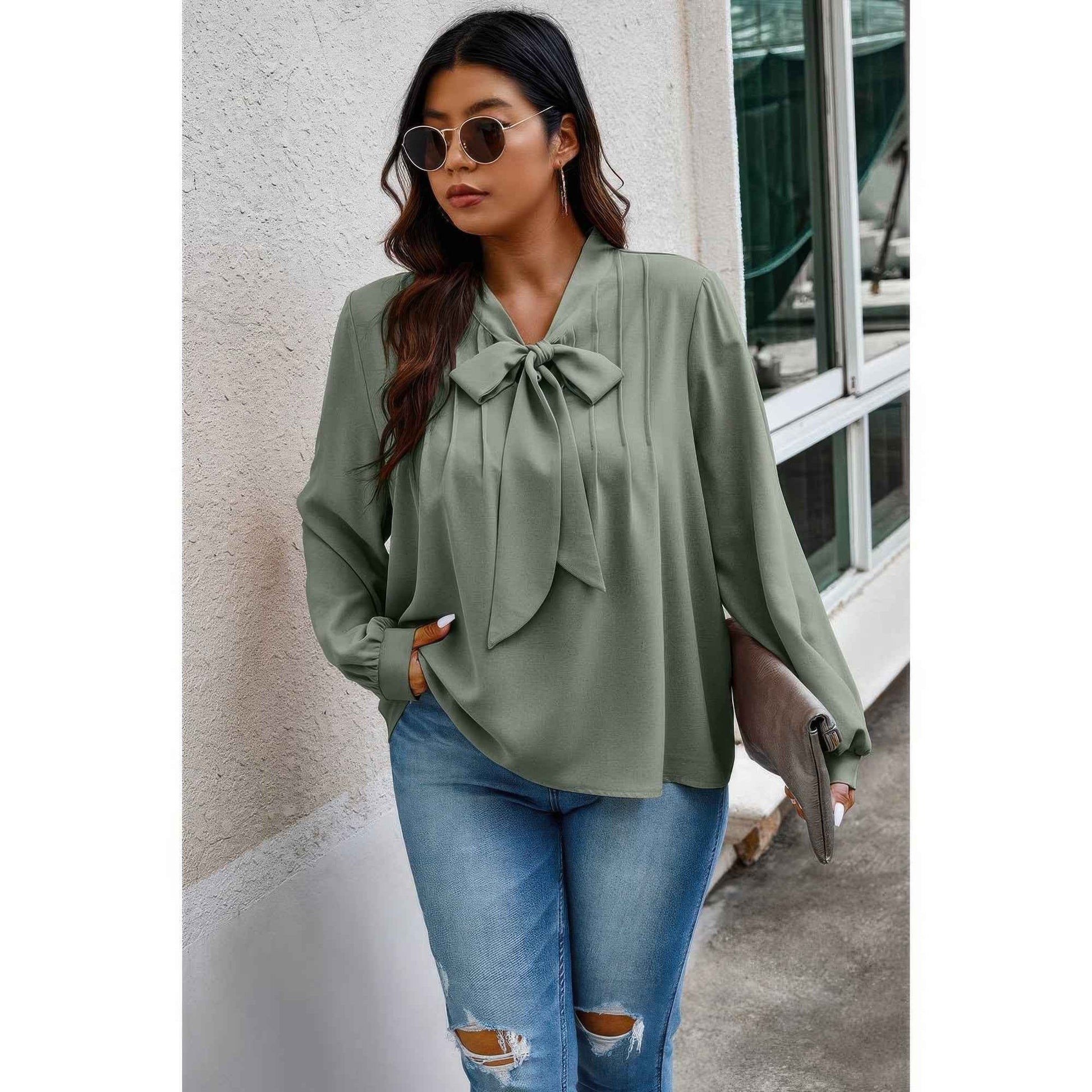 Plus Size Solid Ruched Knot Loose Fit Top