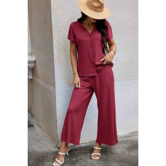 Solid Knit Pockets Button Up Two Pieces V Neck Set