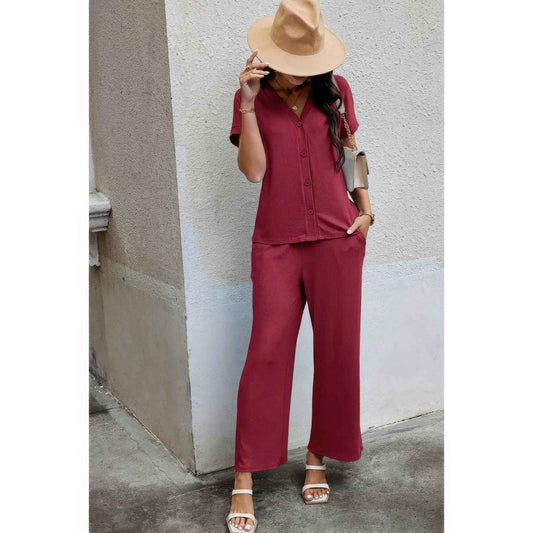 Solid Knit Pockets Button Up Two Pieces V Neck Set