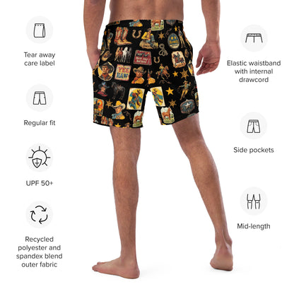 YEEHAW Vintage Cowboy Collage Western Swim Trunks Shorts