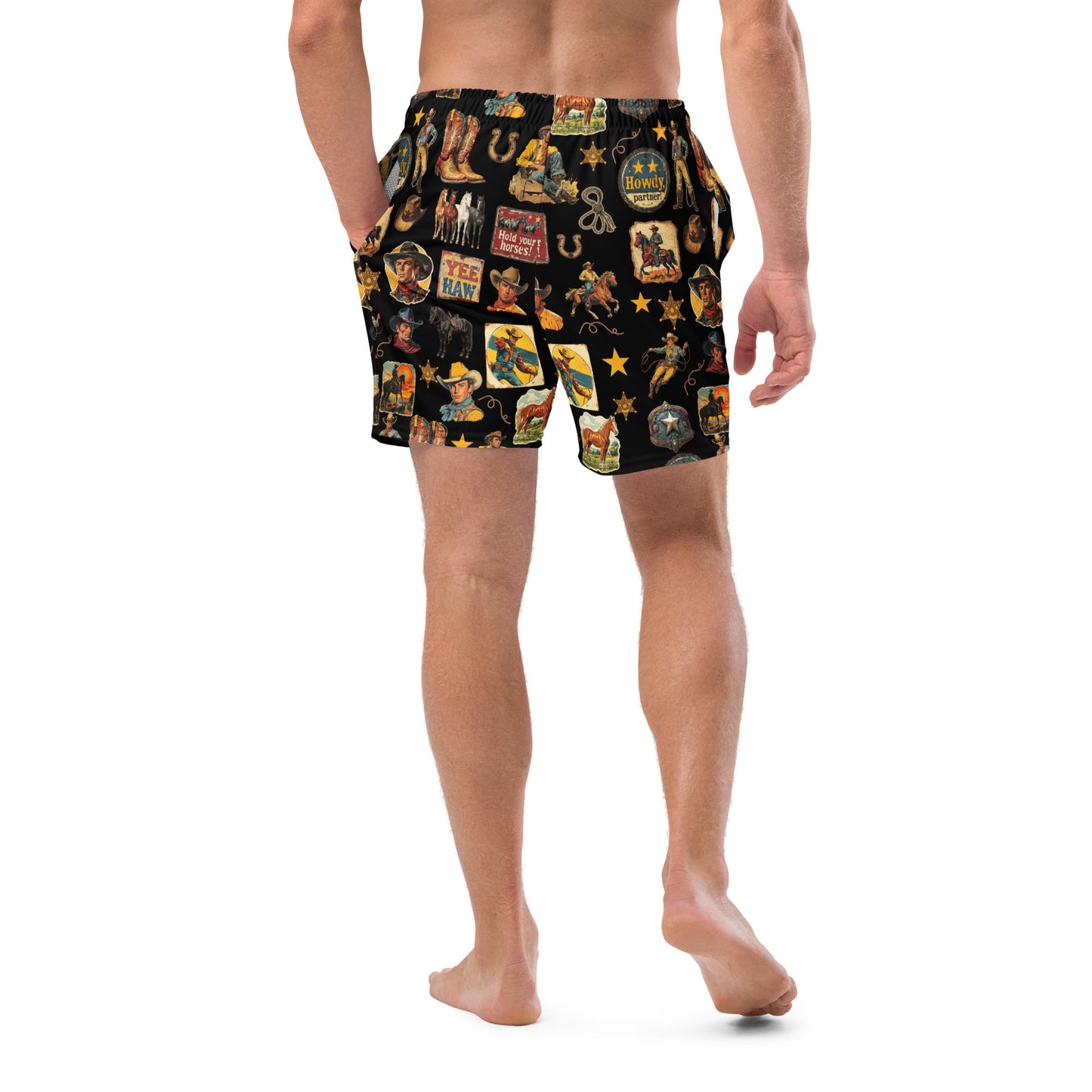 Yeehaw Vintage Cowboy Collage Swim Trunks