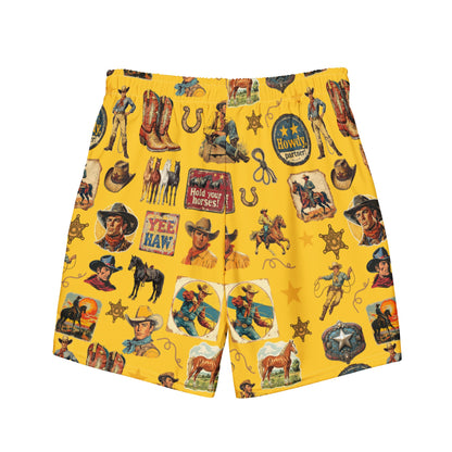 Yeehaw Vintage Cowboy Collage Mustard Swim Trunks