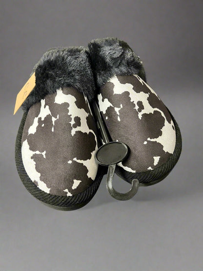 Cow Print Faux Fur Slippers - Black and white