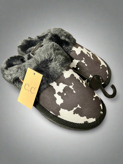 Cow Print Faux Fur Slippers - Black and white