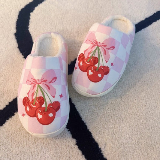 Cherry Bow Check Lounge Slippers - Sweet & Cozy