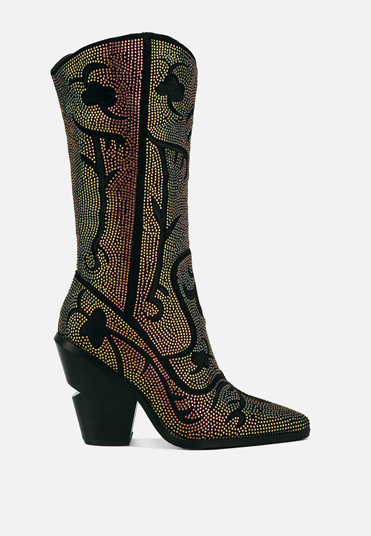 Glimmer Rhinestone Embellished Calf Boots – Stylish Cowgirl Boots with Embroidery