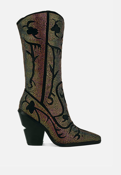 Glimmer Rhinestone Embellished Calf Boots – Stylish Cowgirl Boots with Embroidery