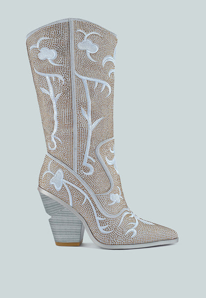 Glimmer Rhinestone Embellished Calf Boots – Stylish Cowgirl Boots with Embroidery