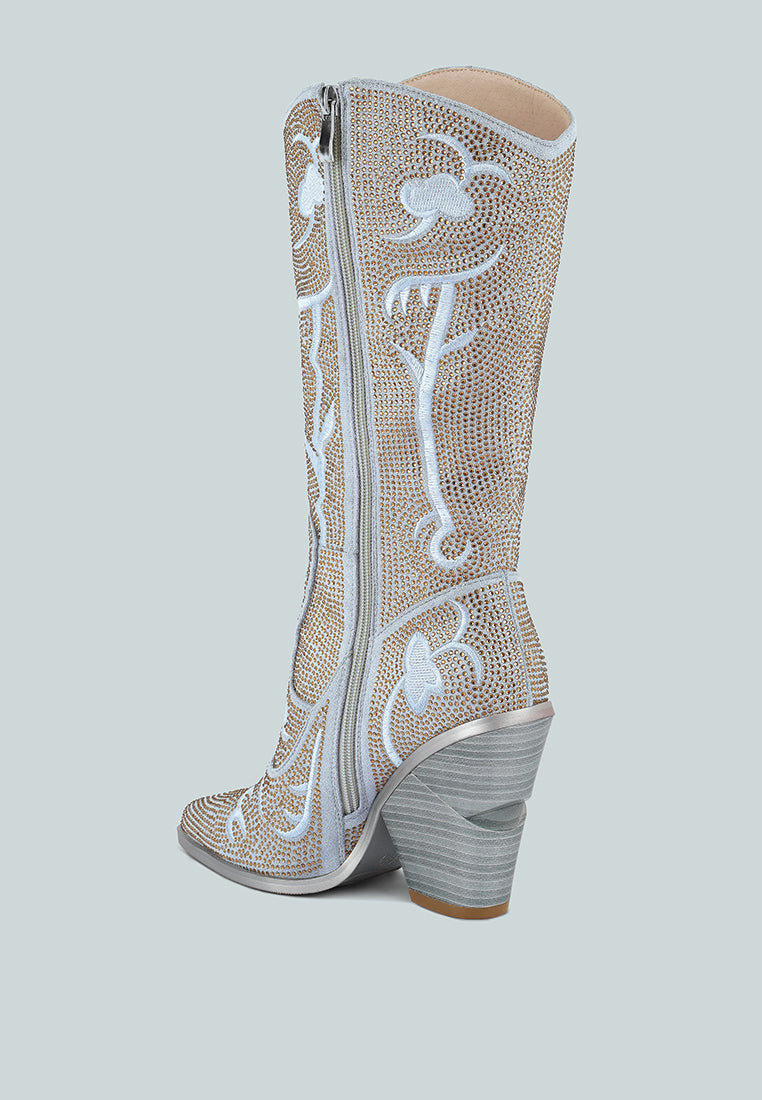 Glimmer Rhinestone Embellished Calf Boots – Stylish Cowgirl Boots with Embroidery